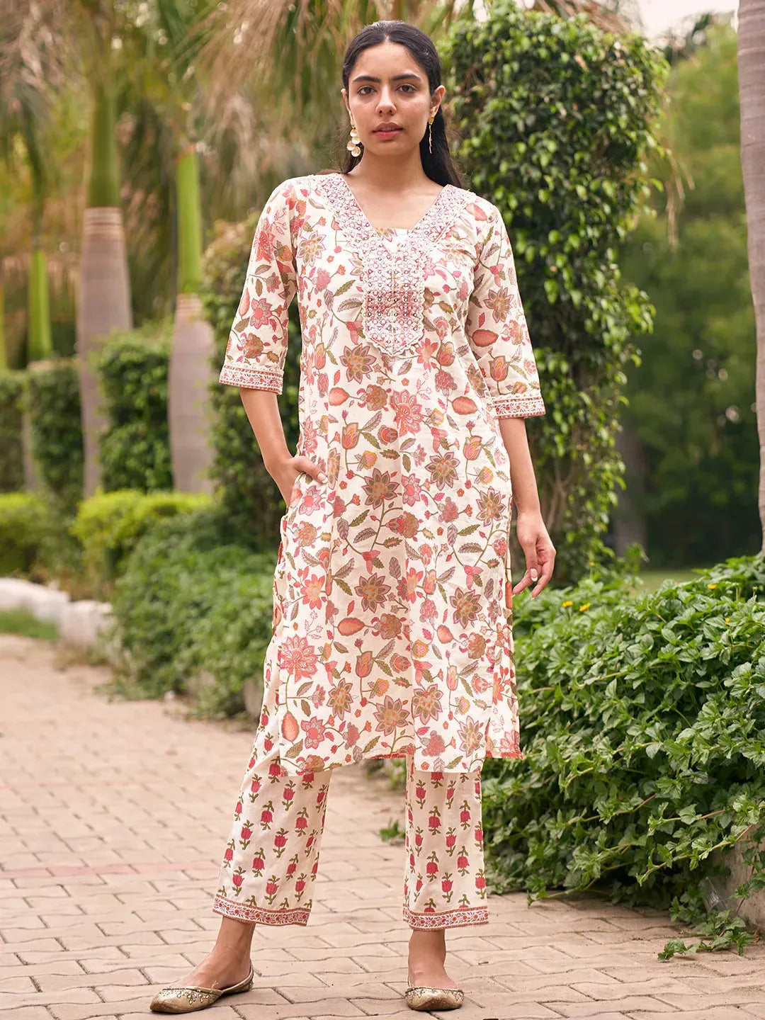 Anouk Off White Printed Cotton Straight Kurta Set