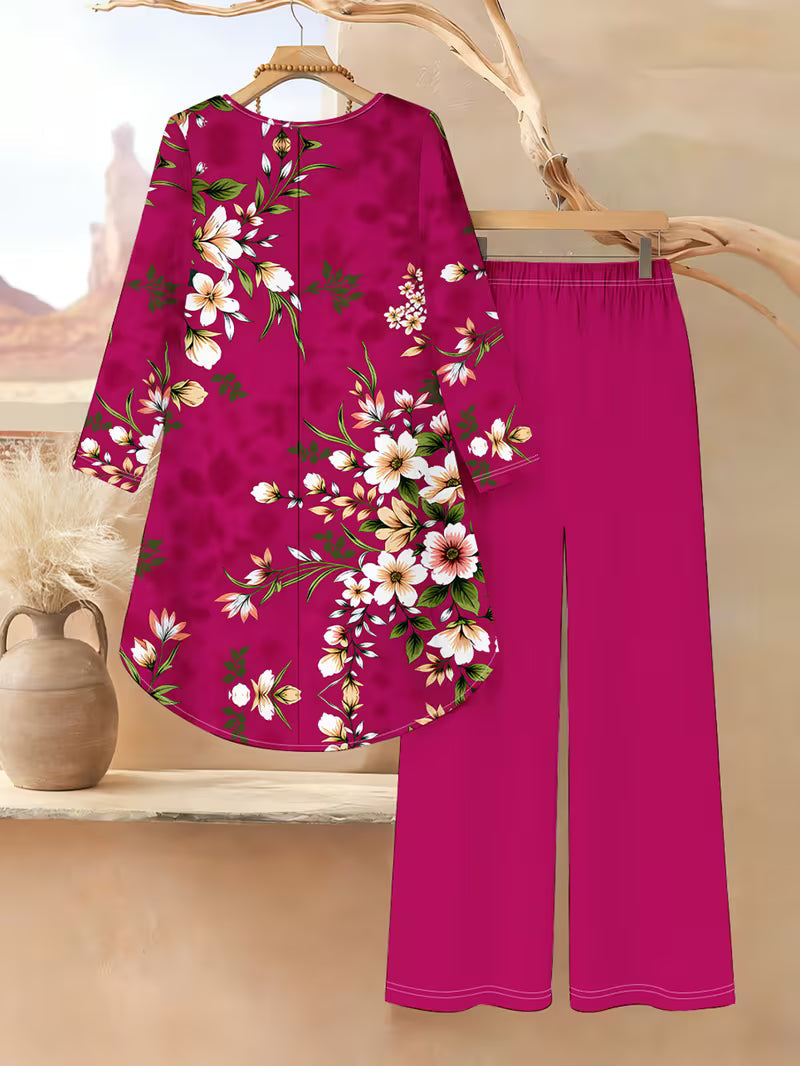 Women’s Long-Sleeve Floral Suit – Light Red Flowers on Gray, Casual & Vacation Wear