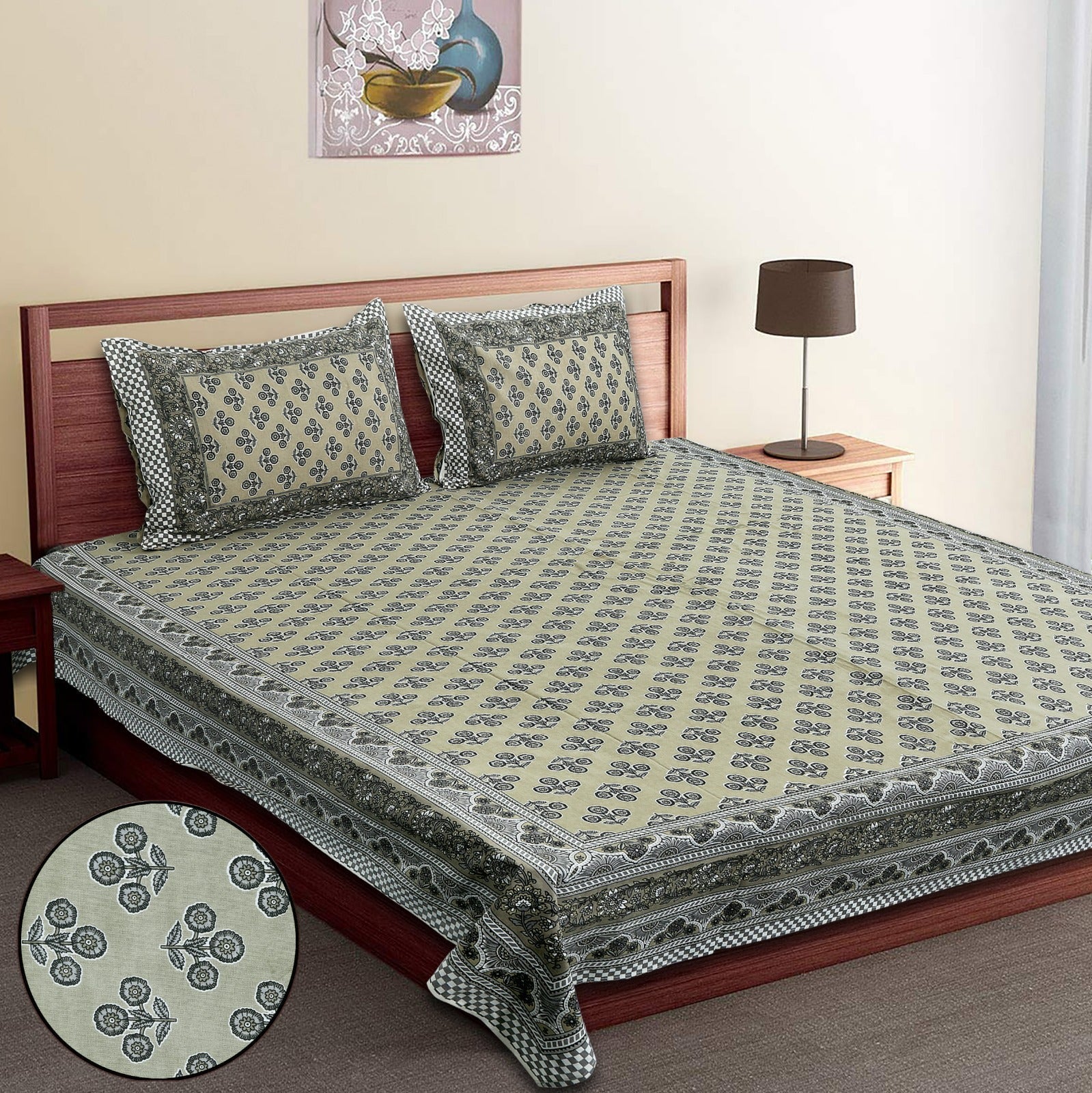 King-Size Cotton Bedsheet Set with Pillow Covers