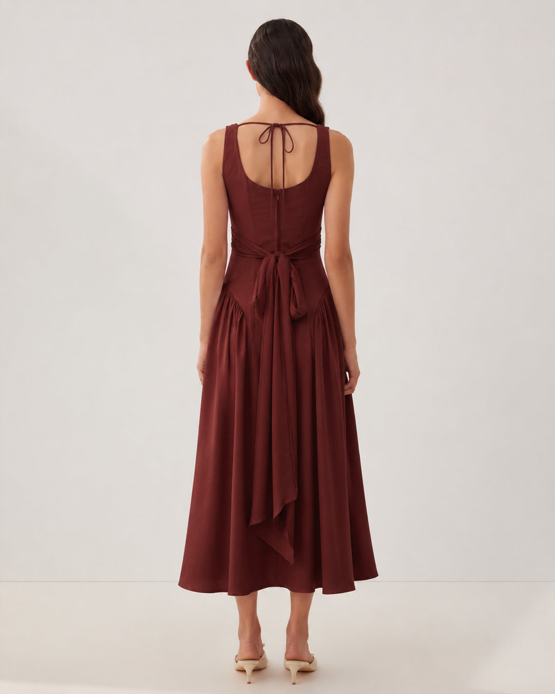 Square Neck Fit and Flare A-Line Midi Dress in Maroon