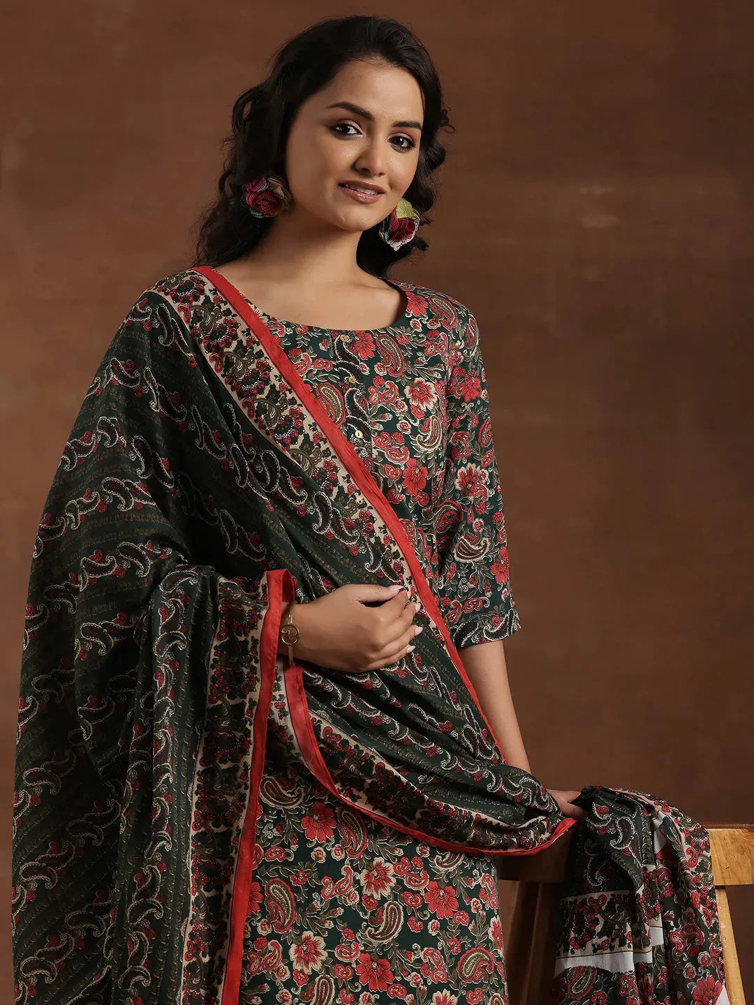 Anouk Green Printed Cotton Straight Suit With Dupatta