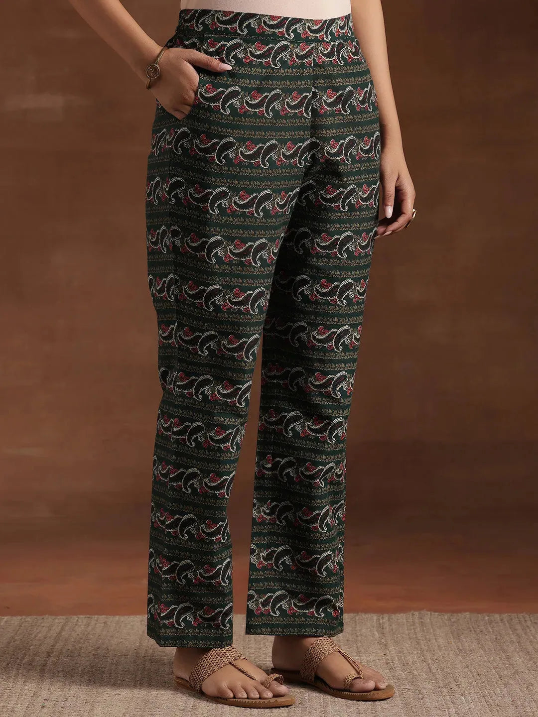 Anouk Green Printed Cotton Straight Suit With Dupatta