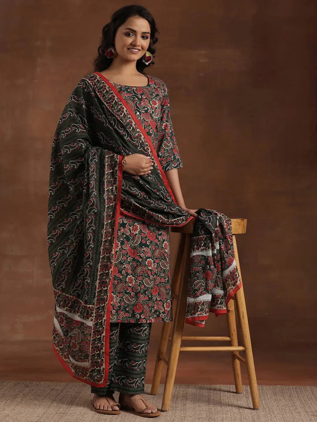 Anouk Green Printed Cotton Straight Suit With Dupatta