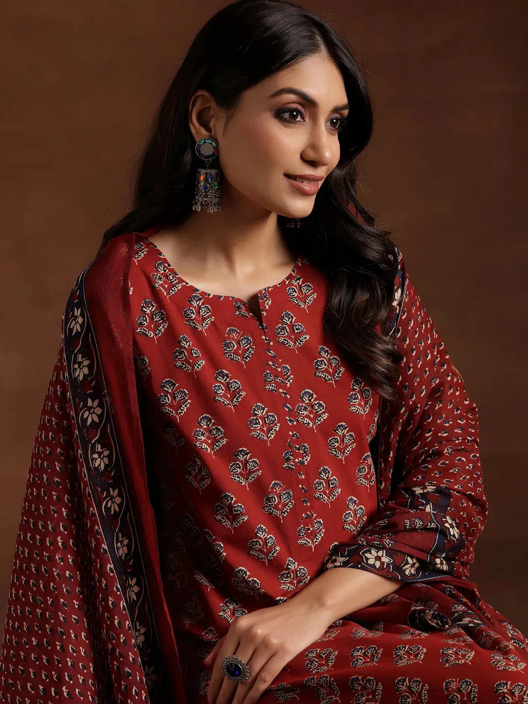Anouk Rust Printed Cotton Straight Suit With Dupatta