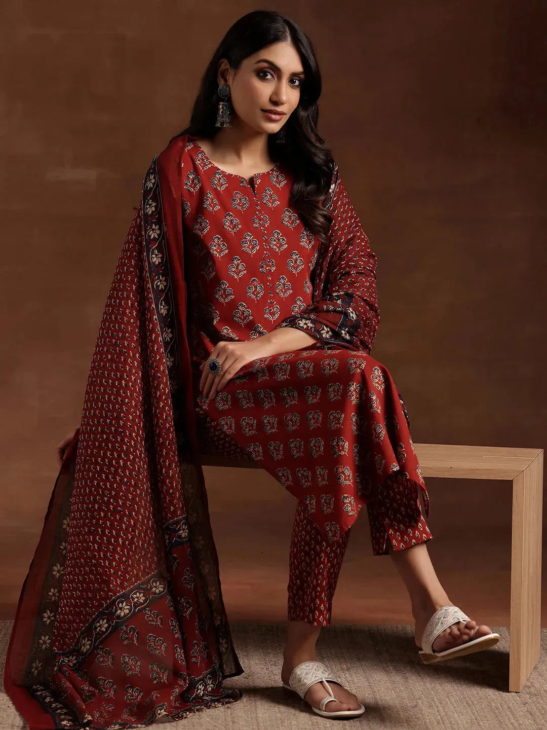 Anouk Rust Printed Cotton Straight Suit With Dupatta