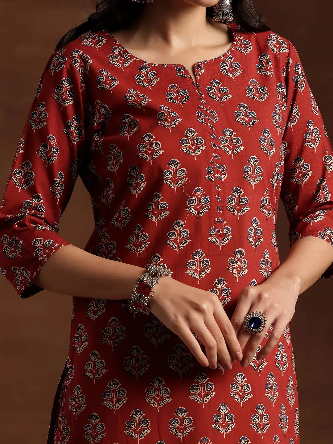 Anouk Rust Printed Cotton Straight Suit With Dupatta