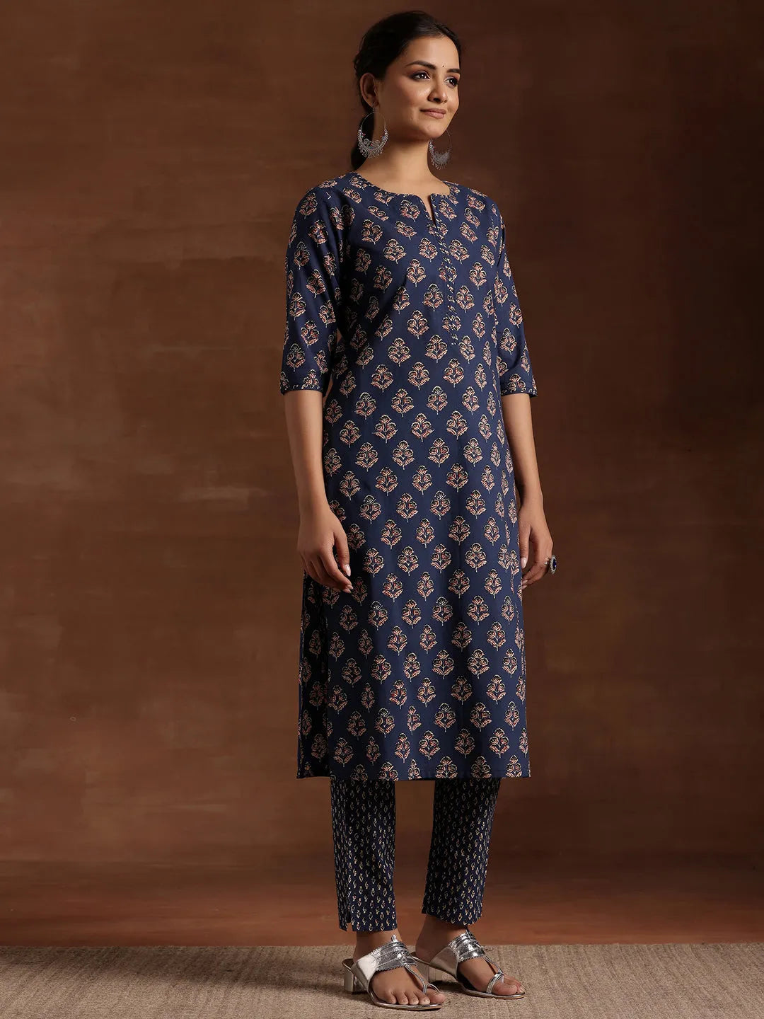 Anouk Blue Printed Cotton Straight Suit With Dupatta