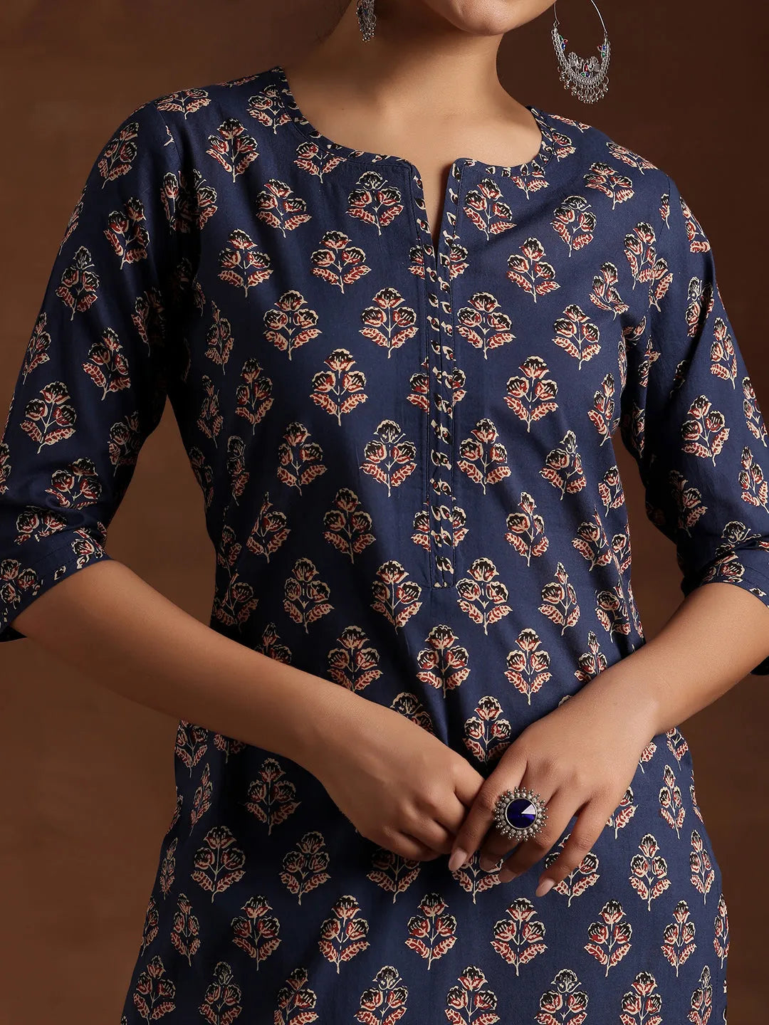 Anouk Blue Printed Cotton Straight Suit With Dupatta