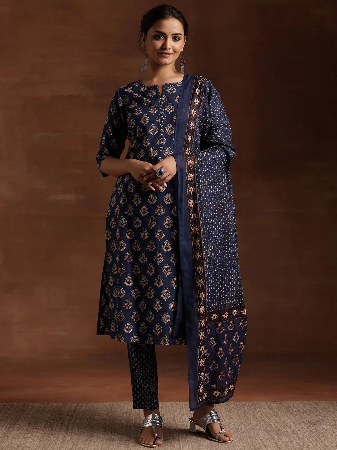Anouk Blue Printed Cotton Straight Suit With Dupatta