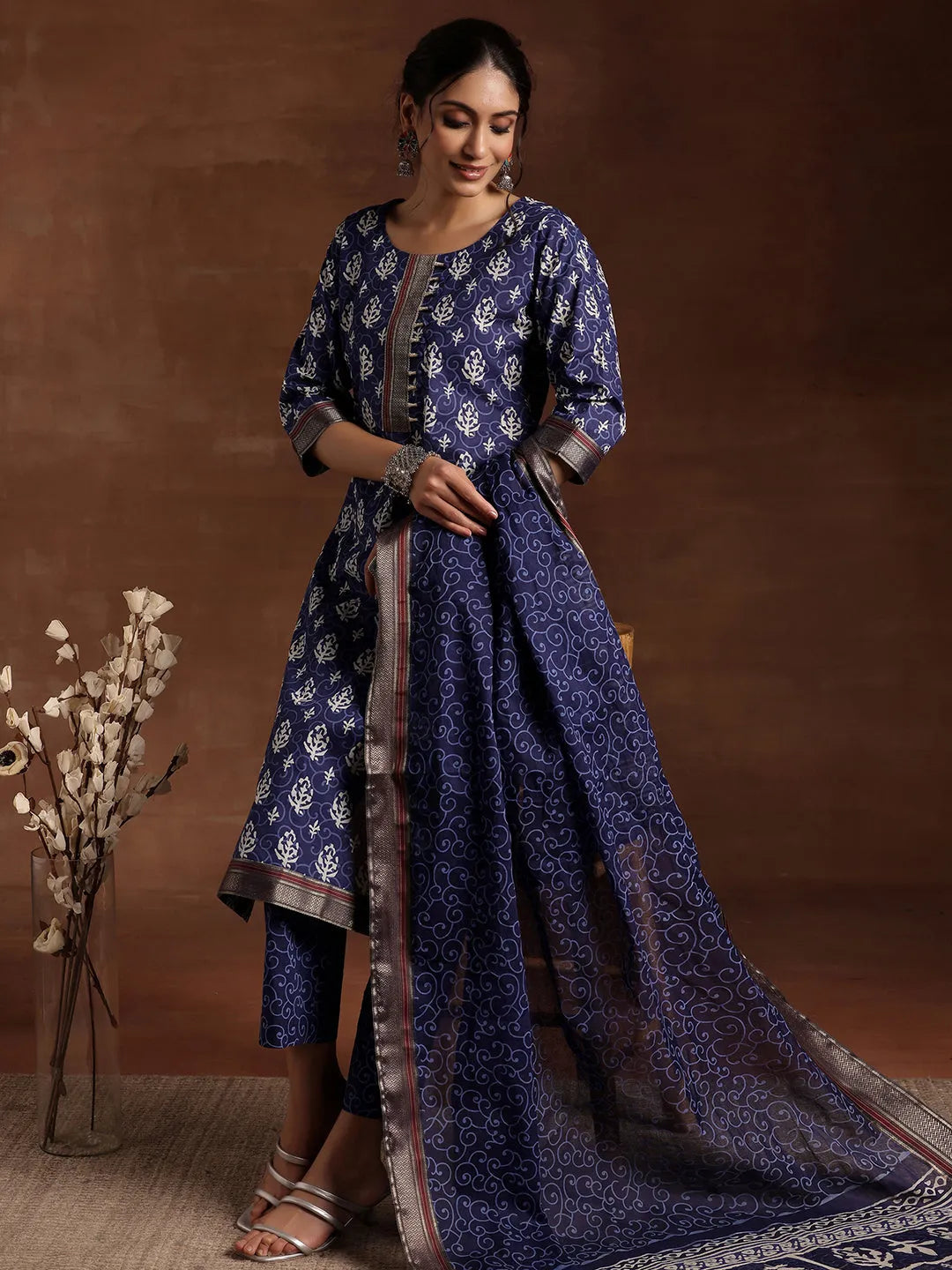 Anouk Indigo Printed Cotton Straight Suit With Dupatta
