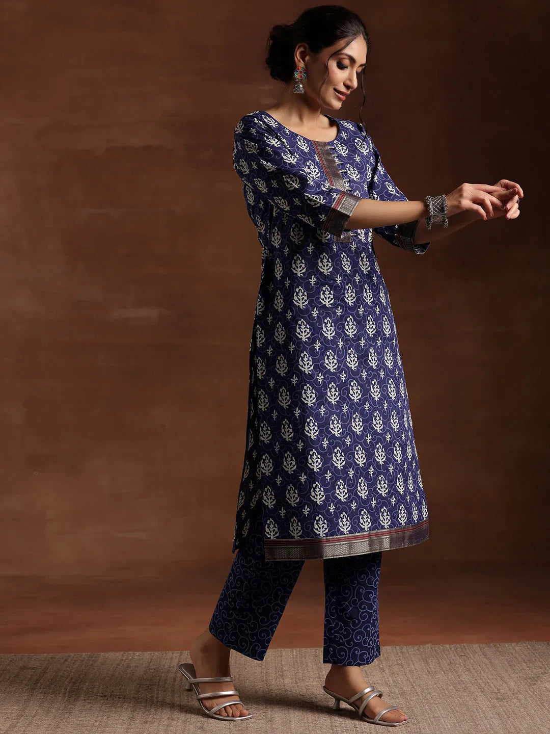 Anouk Indigo Printed Cotton Straight Suit With Dupatta