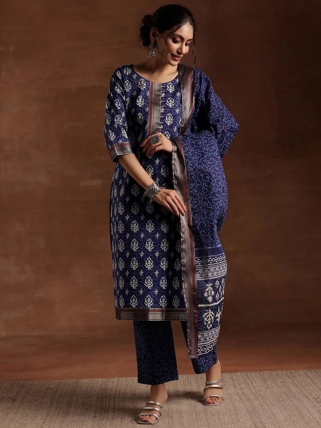 Anouk Indigo Printed Cotton Straight Suit With Dupatta