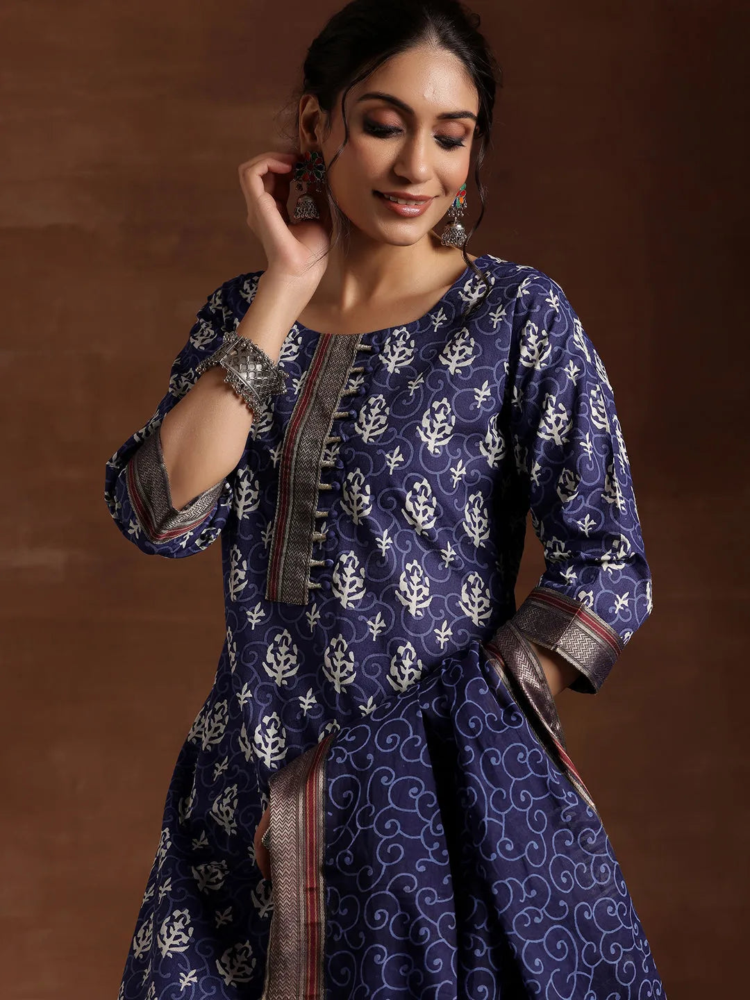Anouk Indigo Printed Cotton Straight Suit With Dupatta