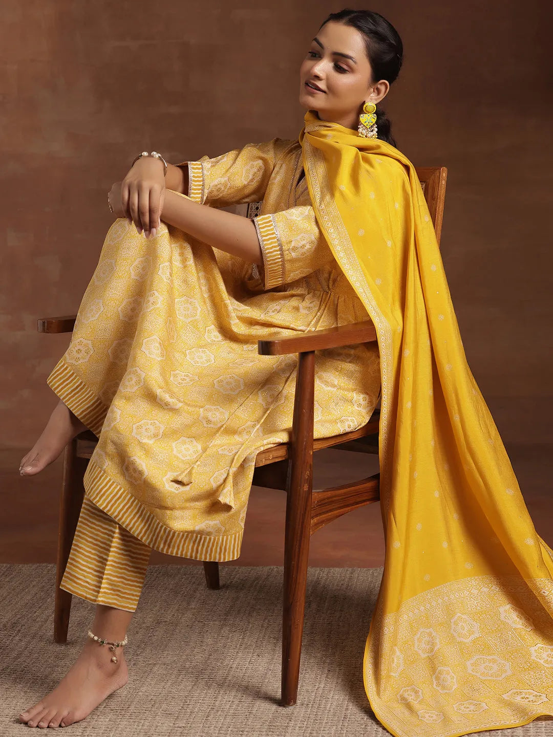 Anouk Yellow Printed Silk Blend Anarkali Suit With Dupatta