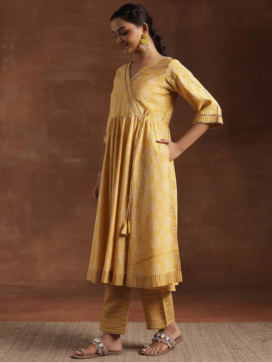 Anouk Yellow Printed Silk Blend Anarkali Suit With Dupatta
