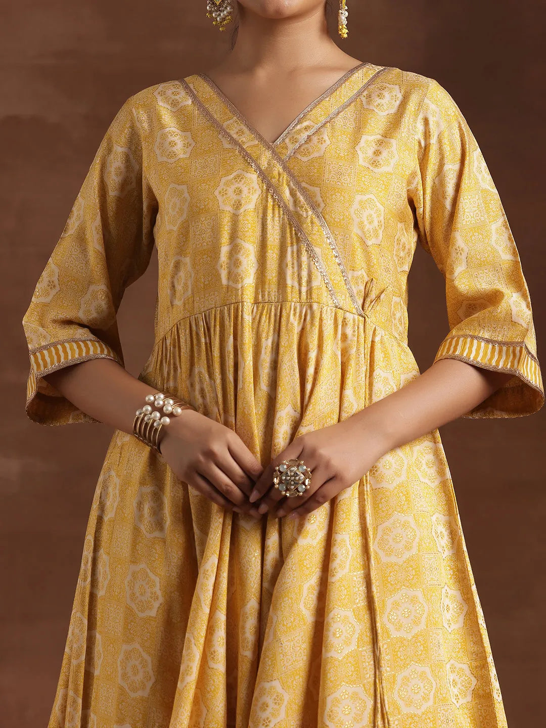 Anouk Yellow Printed Silk Blend Anarkali Suit With Dupatta