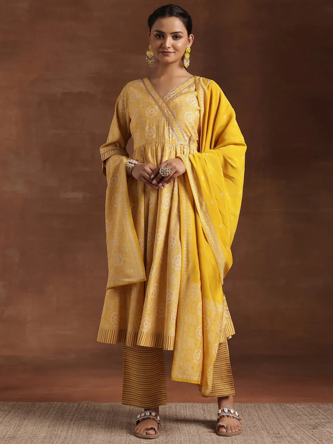 Anouk Yellow Printed Silk Blend Anarkali Suit With Dupatta