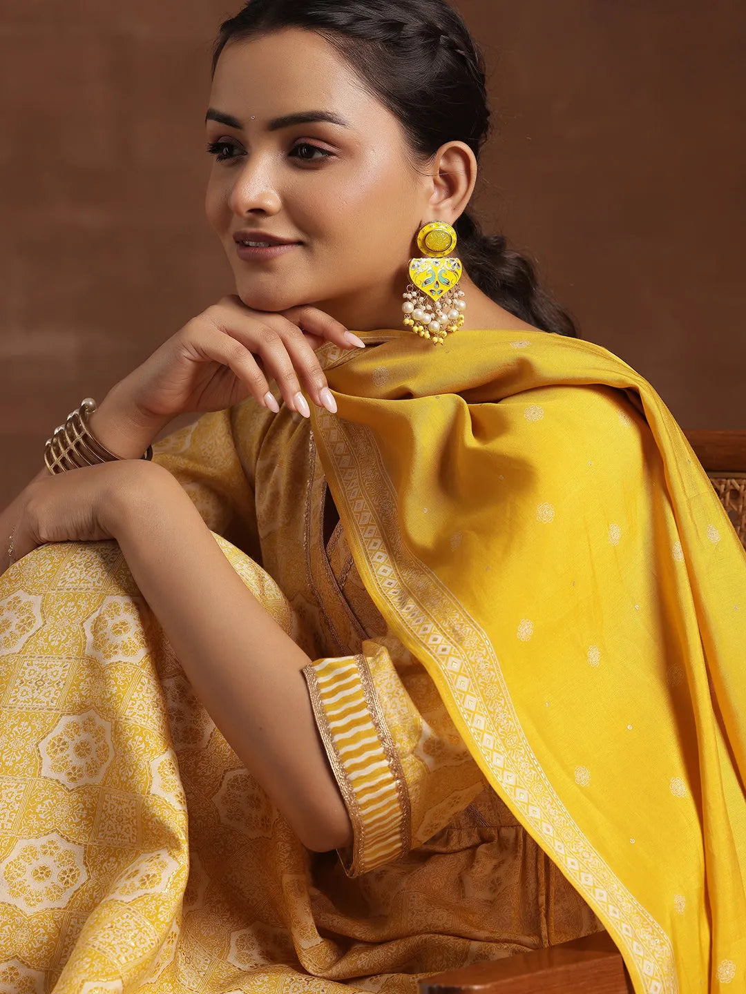 Anouk Yellow Printed Silk Blend Anarkali Suit With Dupatta