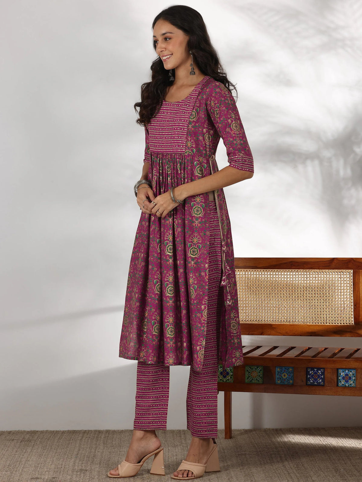 Anouk Pink Printed Silk Blend A-Line Kurta With Trousers & Dupatta