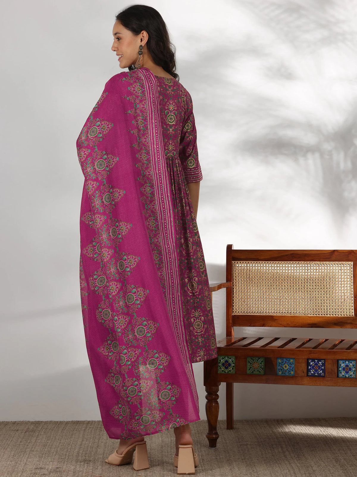 Anouk Pink Printed Silk Blend A-Line Kurta With Trousers & Dupatta