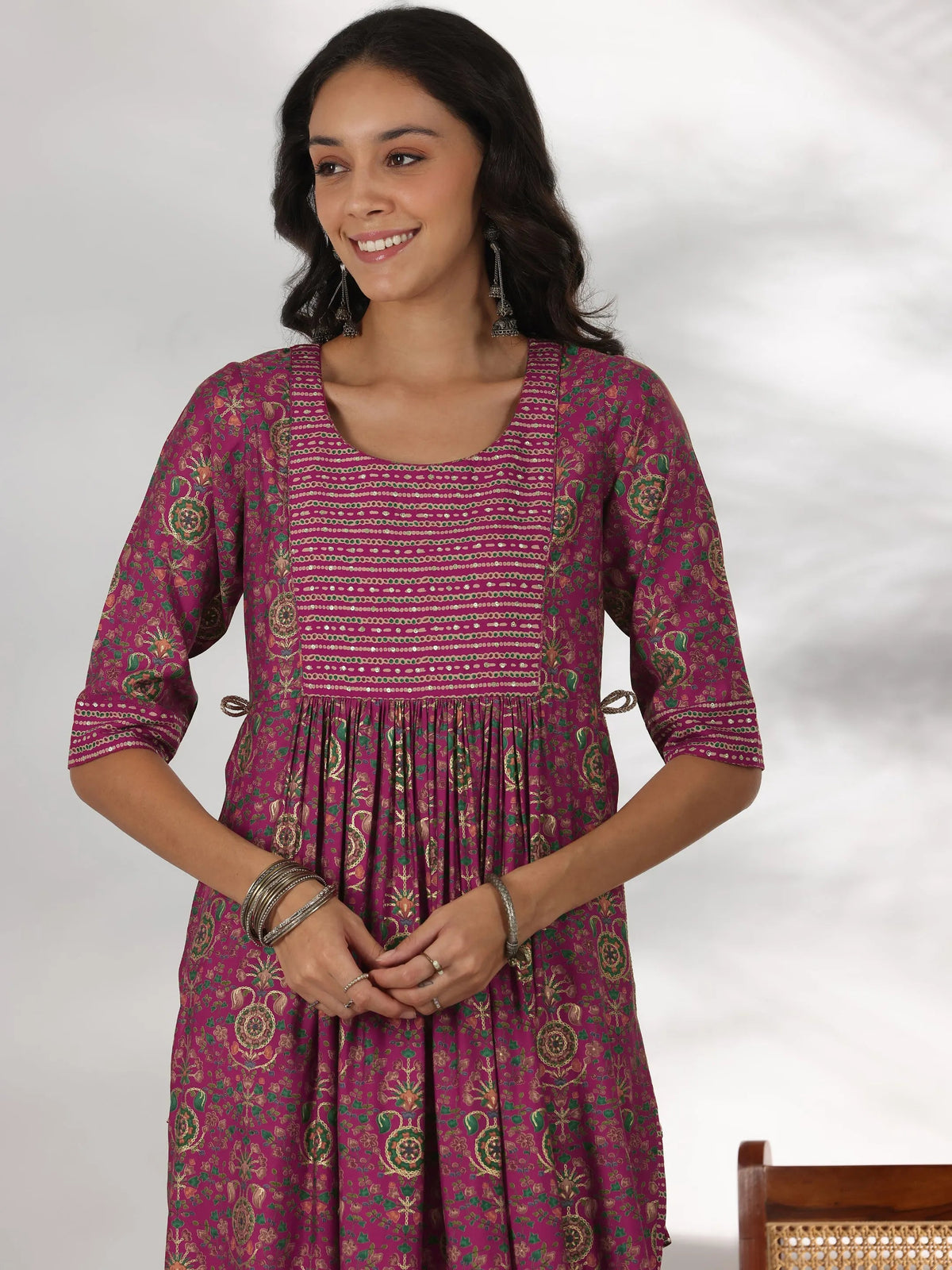 Anouk Pink Printed Silk Blend A-Line Kurta With Trousers & Dupatta