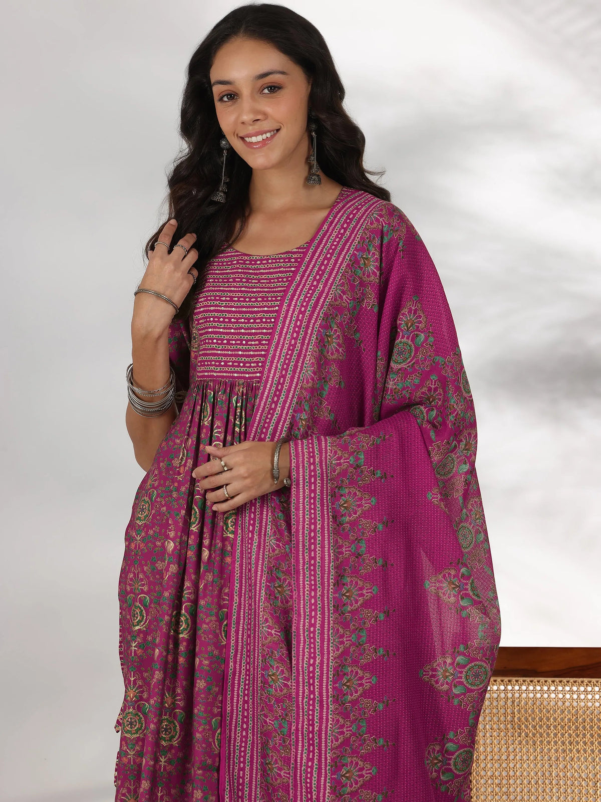 Anouk Pink Printed Silk Blend A-Line Kurta With Trousers & Dupatta