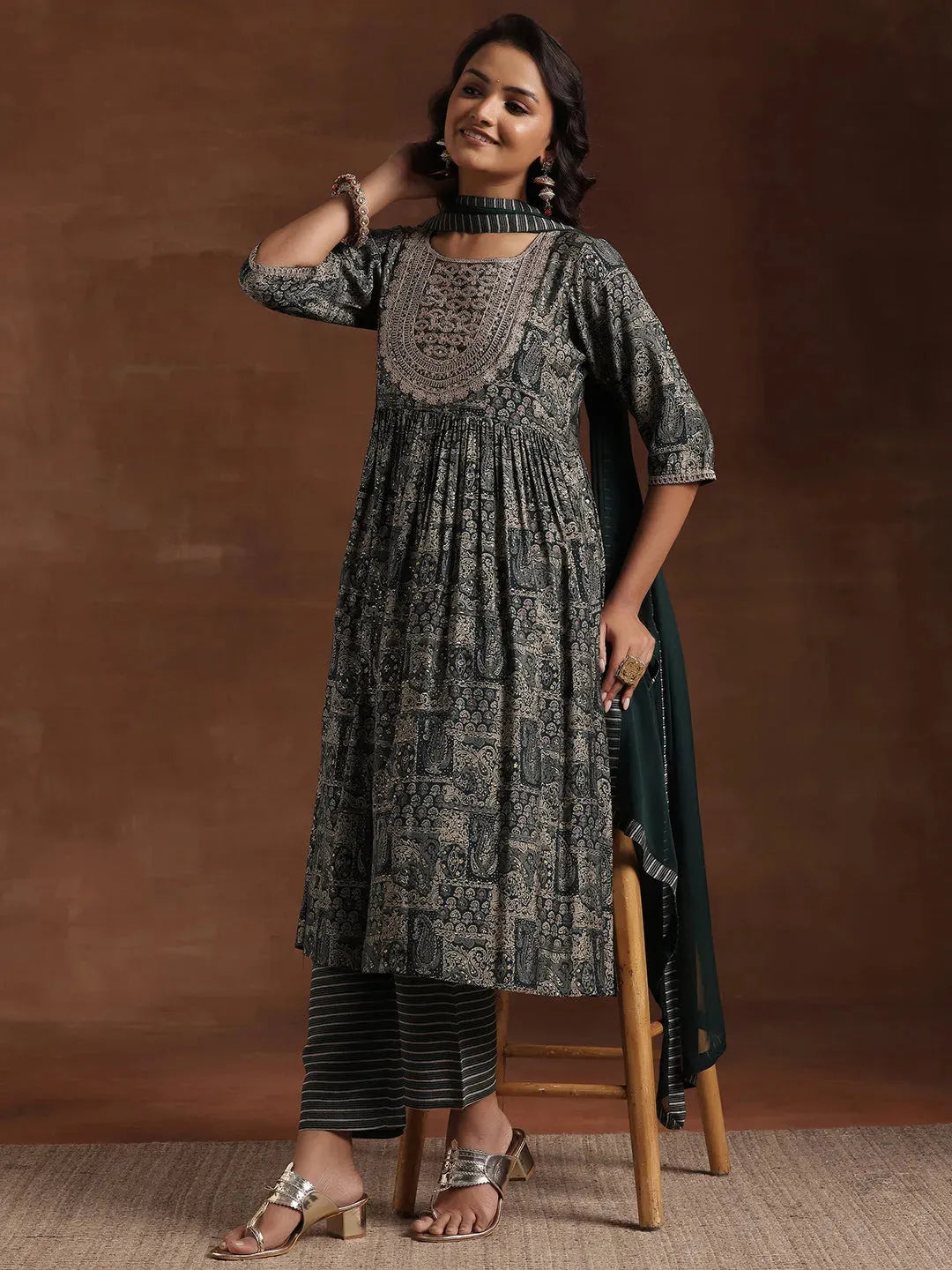 Anouk Green Printed Silk Blend A-Line Kurta With Trousers & Dupatta