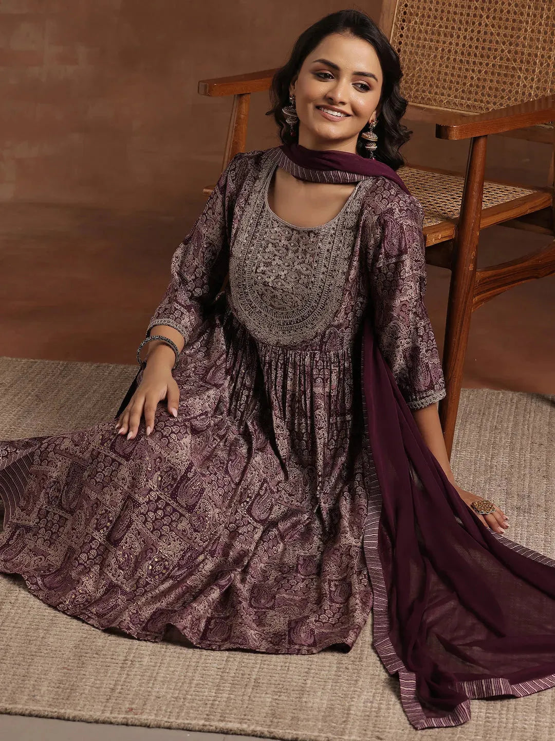 Anouk Wine Printed Silk Blend A-Line Kurta With Trousers & Dupatta
