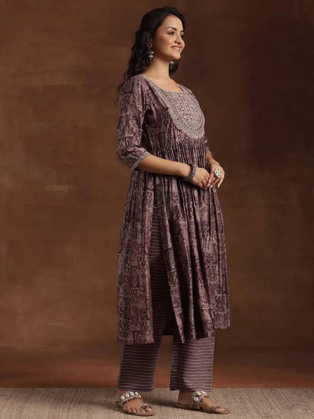 Anouk Wine Printed Silk Blend A-Line Kurta With Trousers & Dupatta