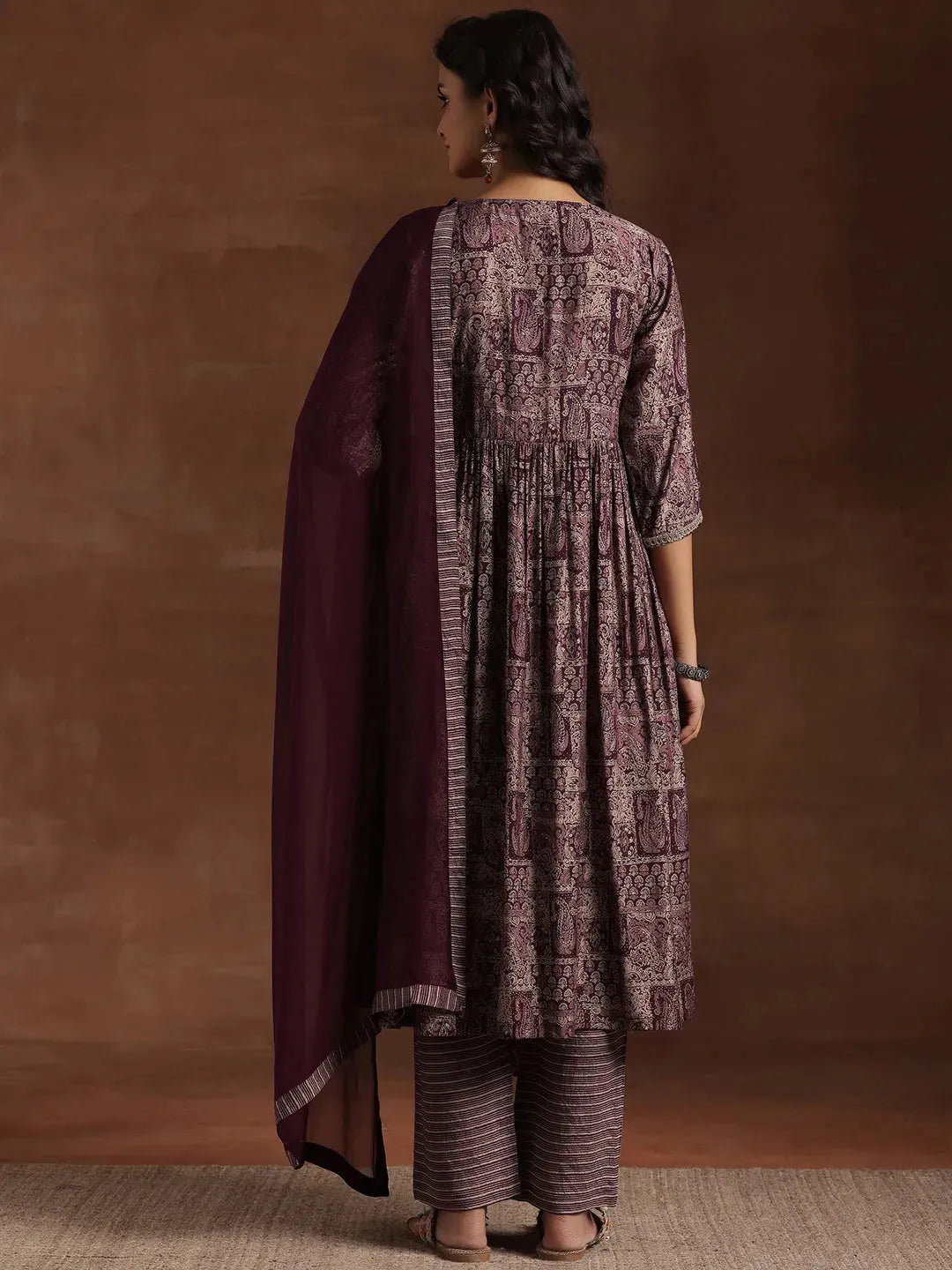 Anouk Wine Printed Silk Blend A-Line Kurta With Trousers & Dupatta