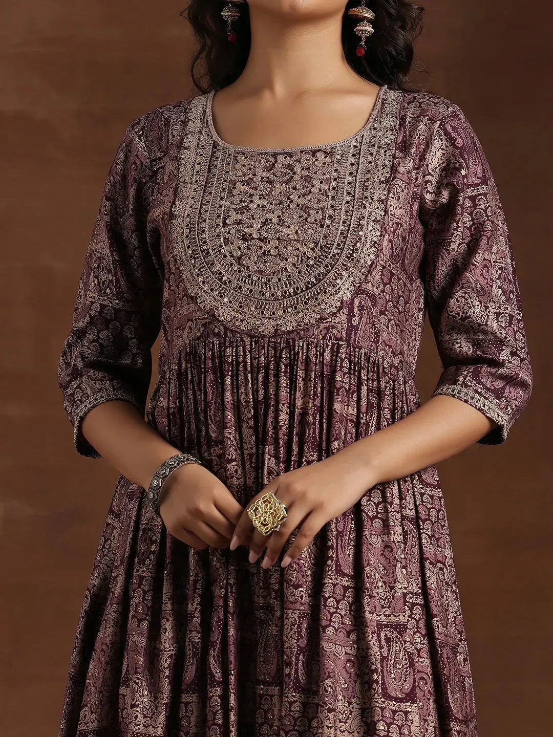 Anouk Wine Printed Silk Blend A-Line Kurta With Trousers & Dupatta