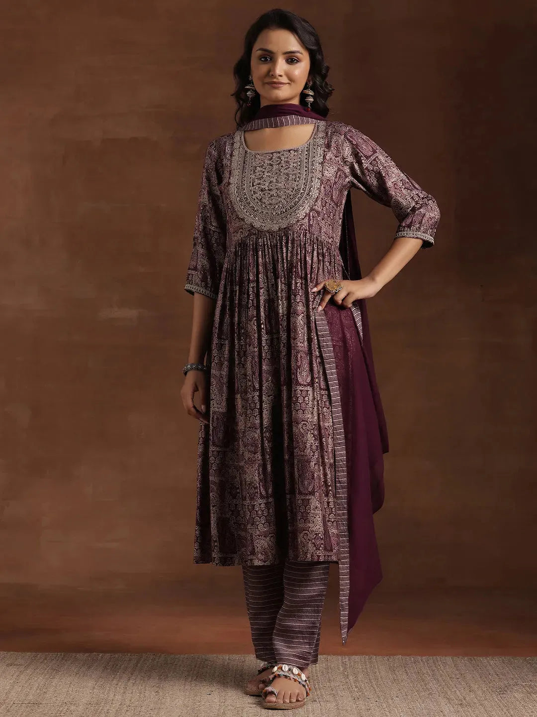 Anouk Wine Printed Silk Blend A-Line Kurta With Trousers & Dupatta