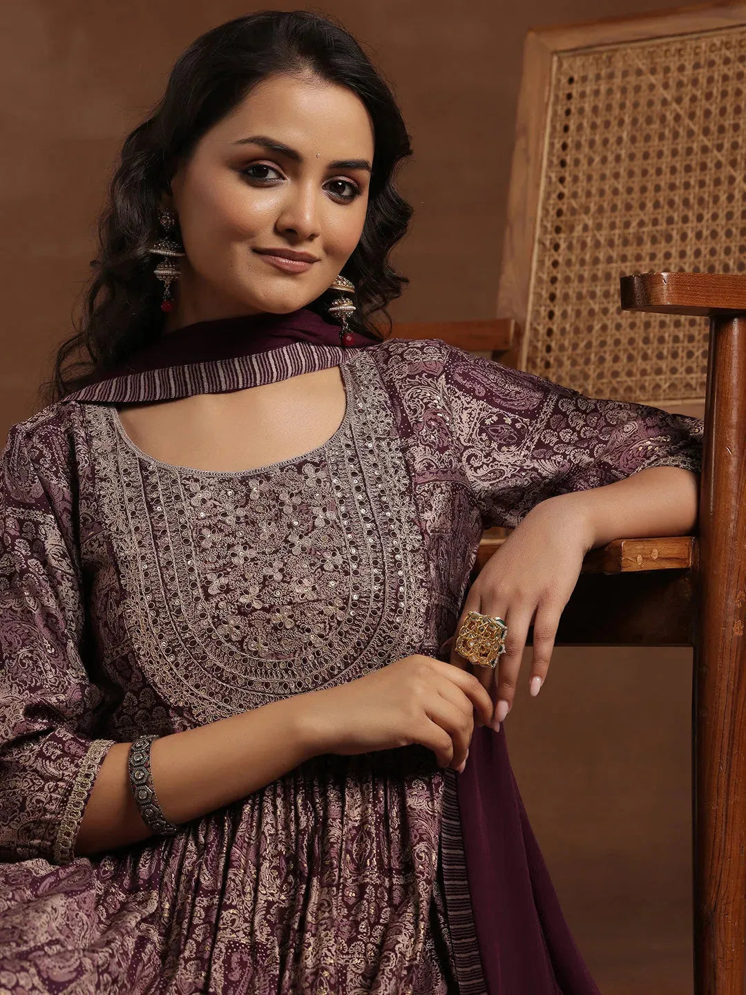 Anouk Wine Printed Silk Blend A-Line Kurta With Trousers & Dupatta