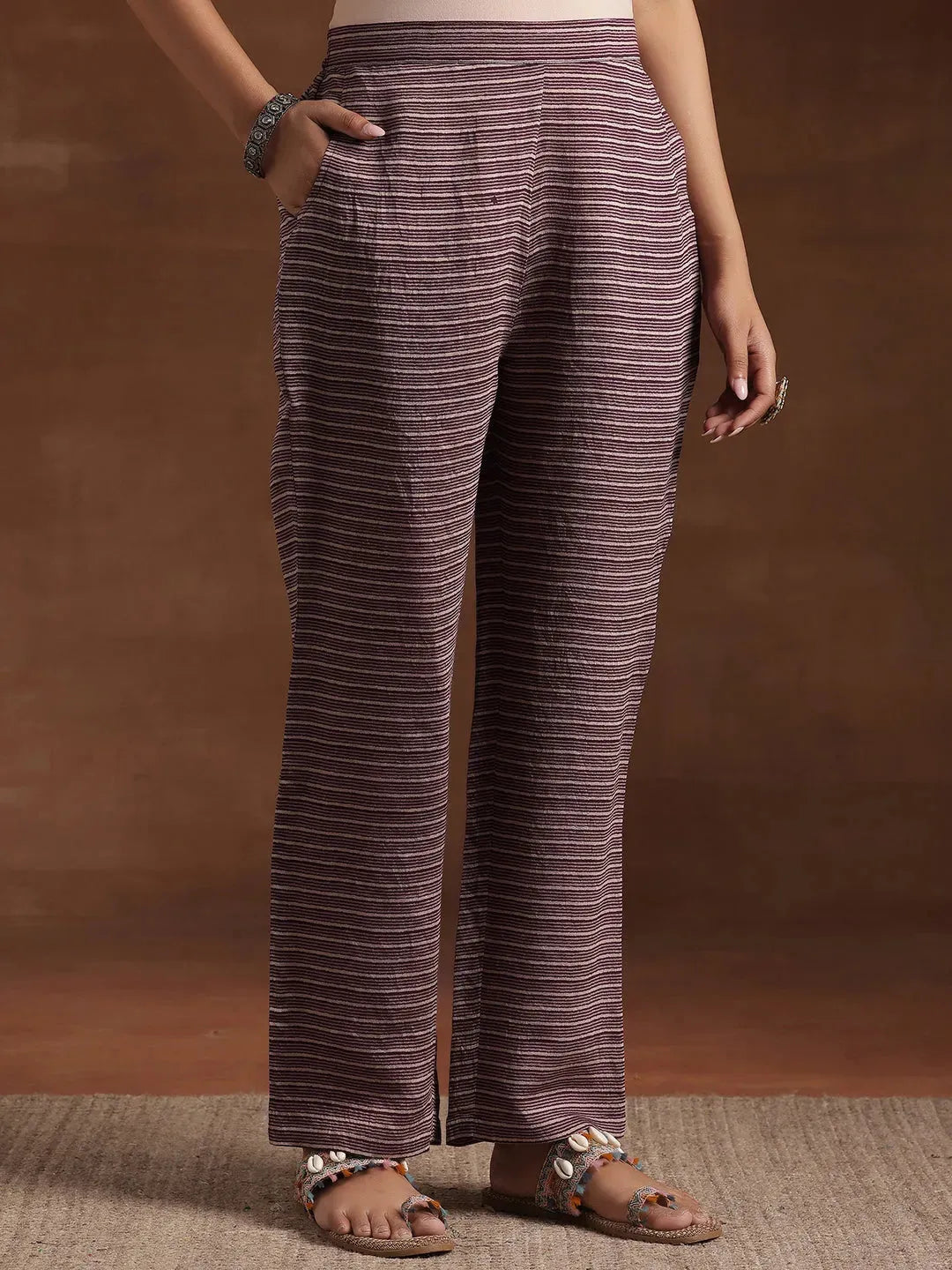 Anouk Wine Printed Silk Blend A-Line Kurta With Trousers & Dupatta