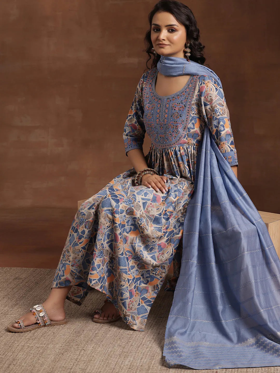 Anouk Blue Printed Silk Blend A-Line Kurta With Trousers & Dupatta