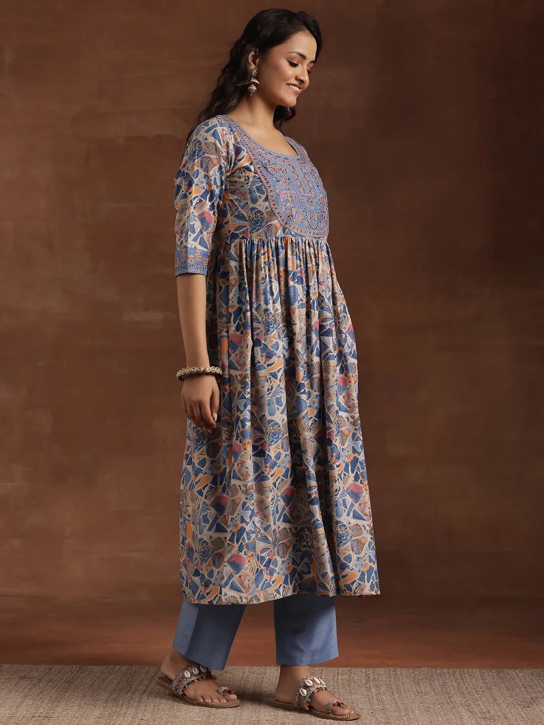 Anouk Blue Printed Silk Blend A-Line Kurta With Trousers & Dupatta