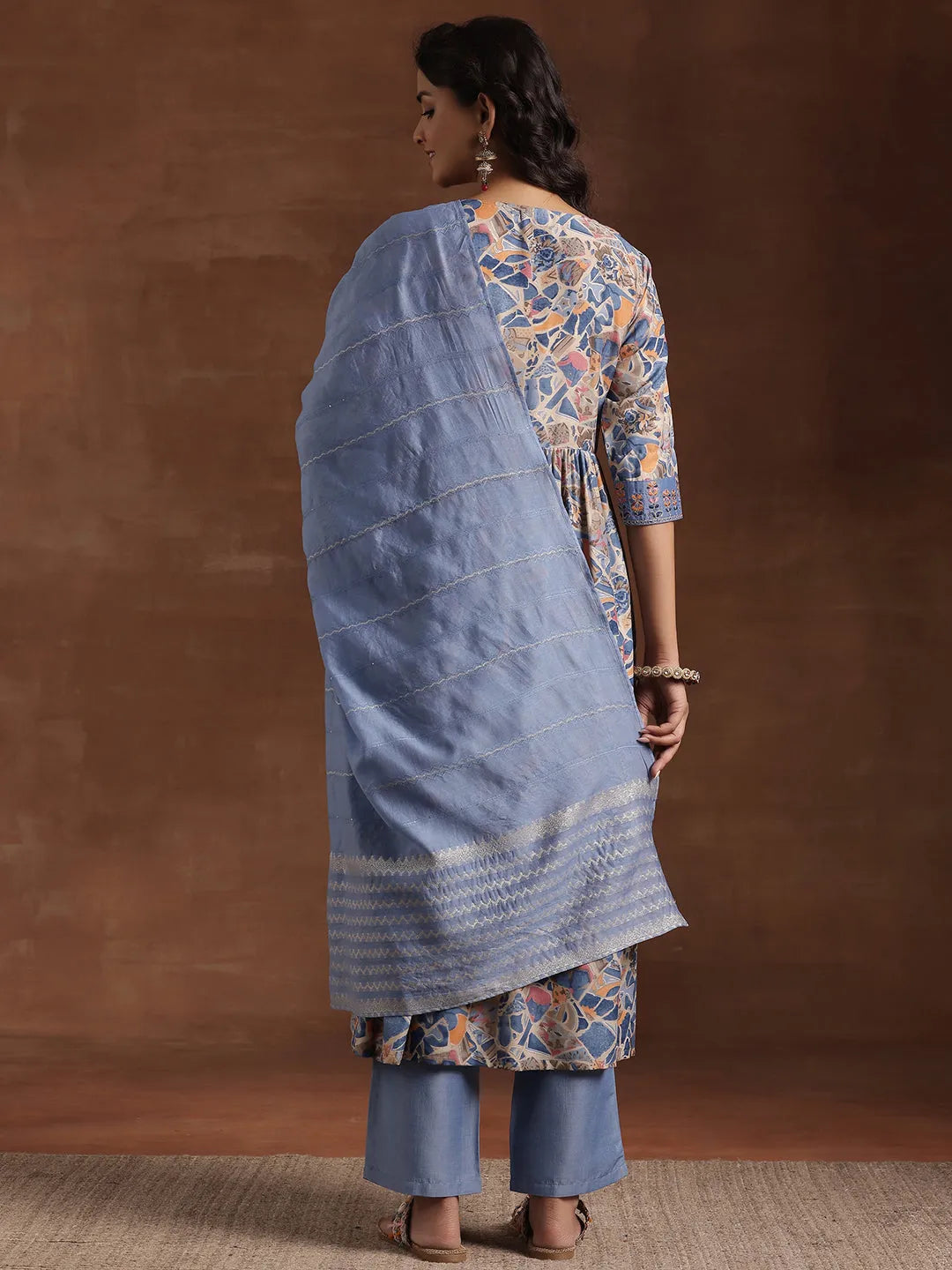 Anouk Blue Printed Silk Blend A-Line Kurta With Trousers & Dupatta