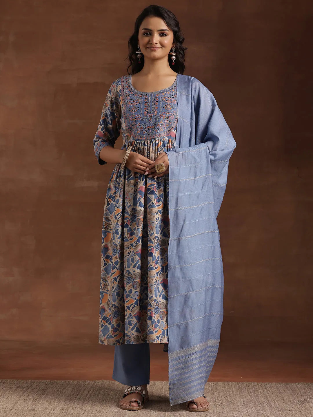 Anouk Blue Printed Silk Blend A-Line Kurta With Trousers & Dupatta