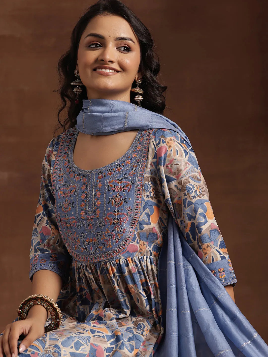 Anouk Blue Printed Silk Blend A-Line Kurta With Trousers & Dupatta