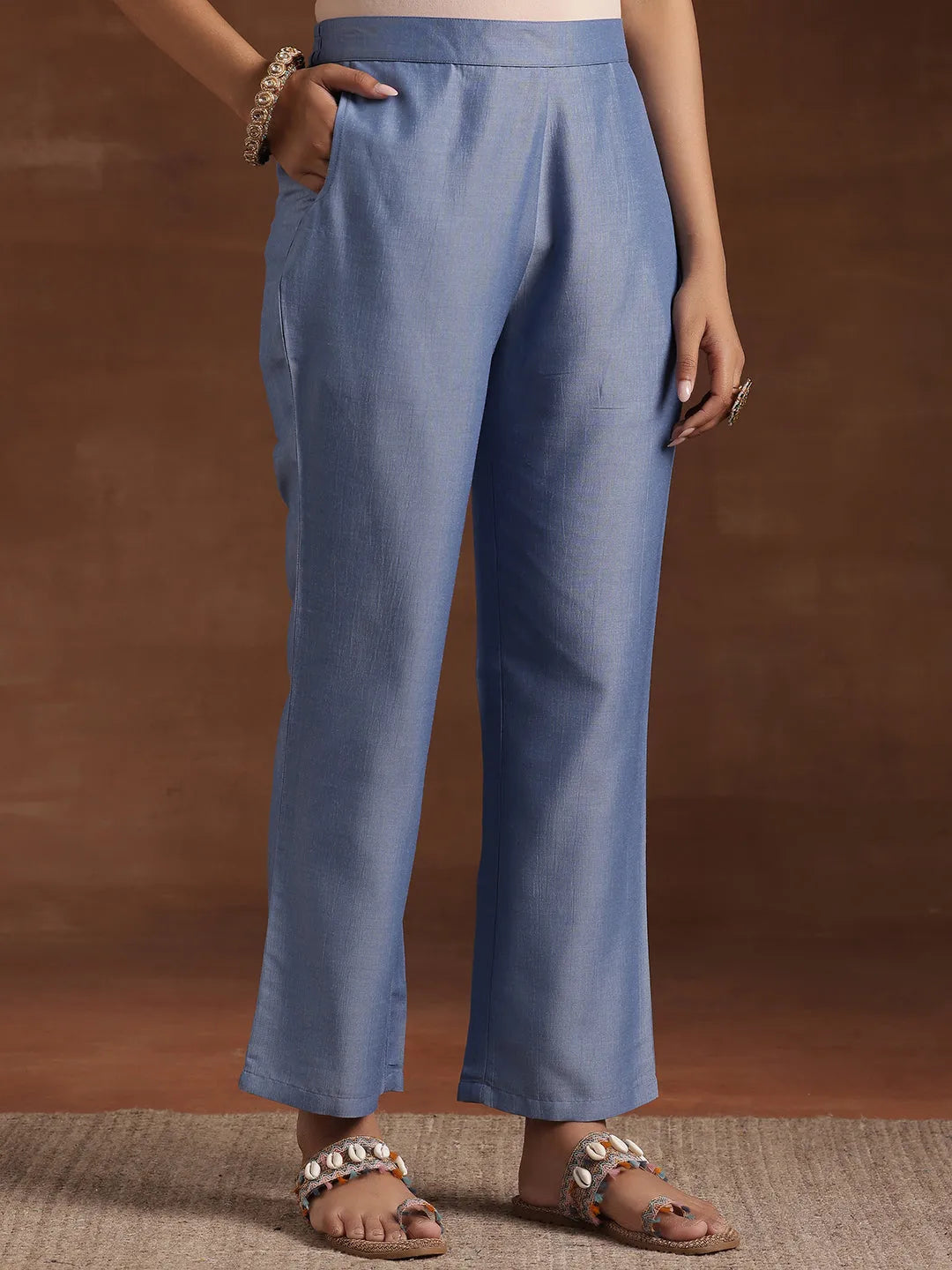 Anouk Blue Printed Silk Blend A-Line Kurta With Trousers & Dupatta