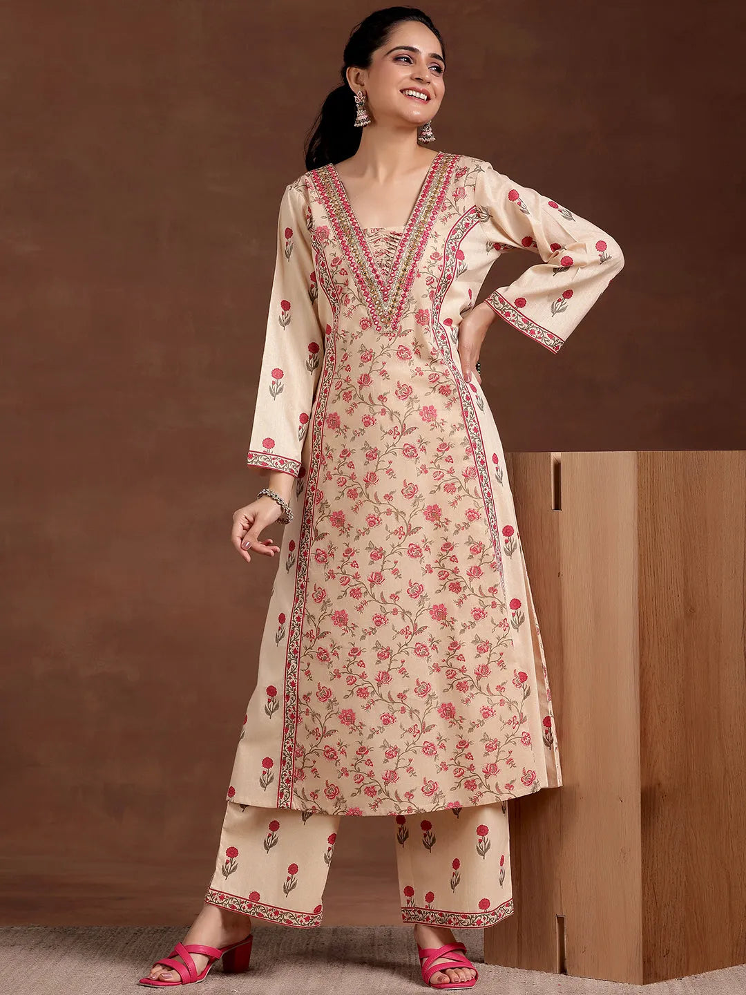 Anouk Beige Printed Cotton A-Line Kurta With Palazzos