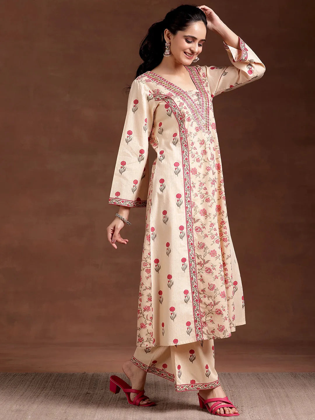 Anouk Beige Printed Cotton A-Line Kurta With Palazzos