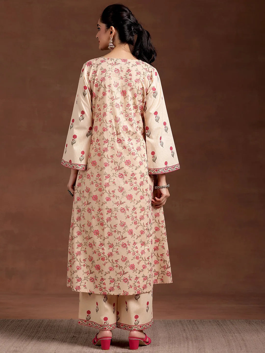 Anouk Beige Printed Cotton A-Line Kurta With Palazzos