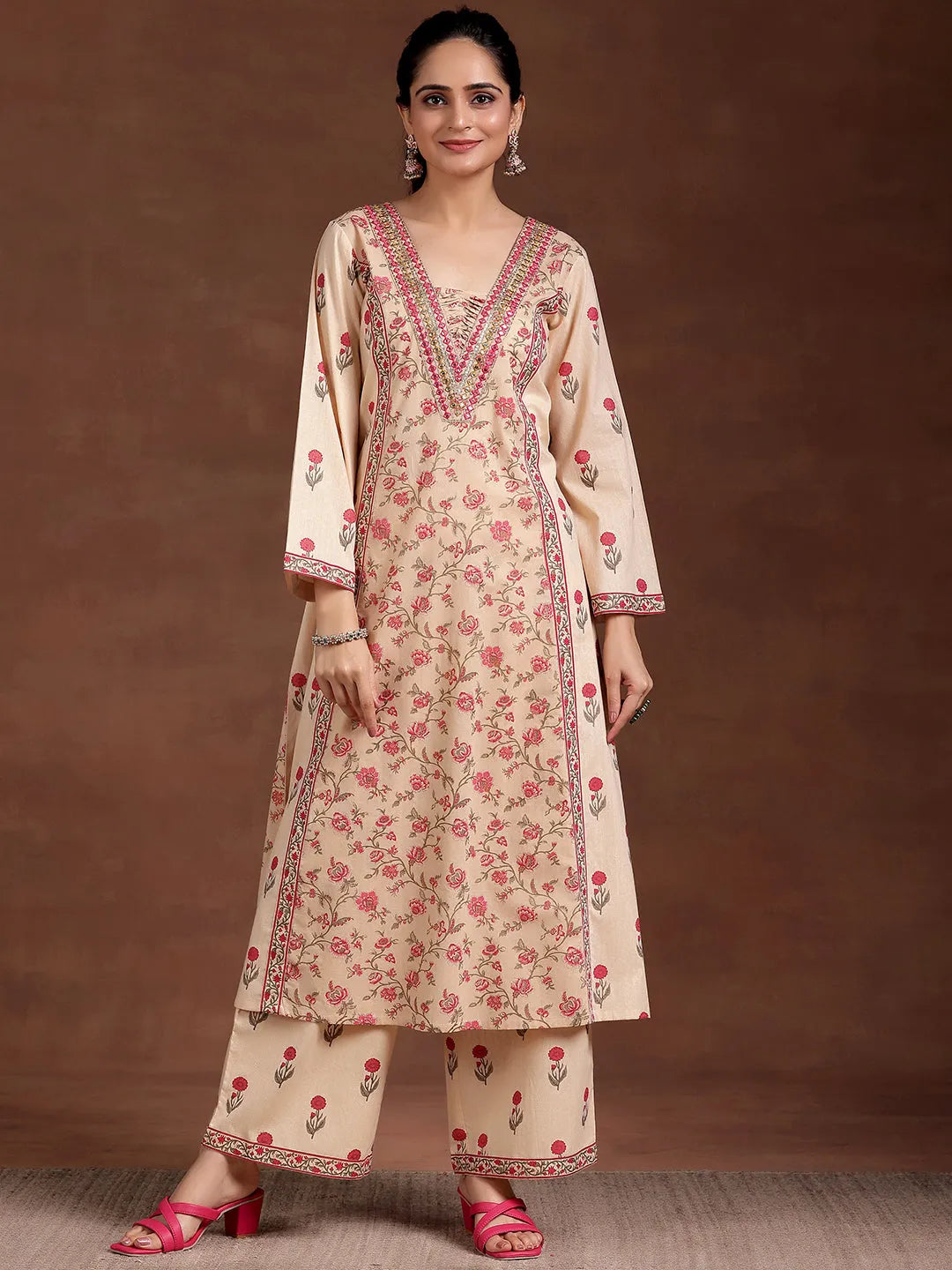 Anouk Beige Printed Cotton A-Line Kurta With Palazzos