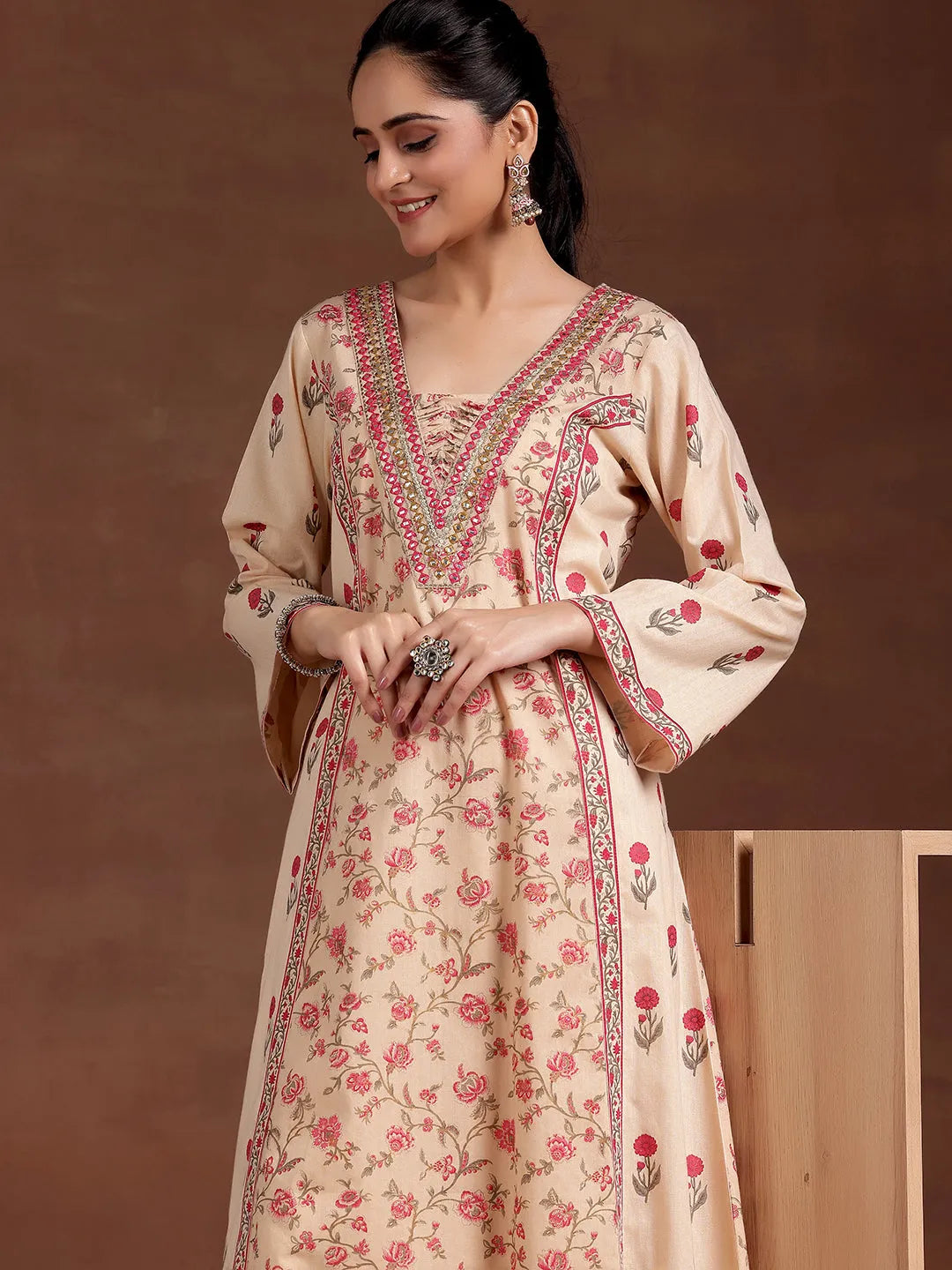 Anouk Beige Printed Cotton A-Line Kurta With Palazzos