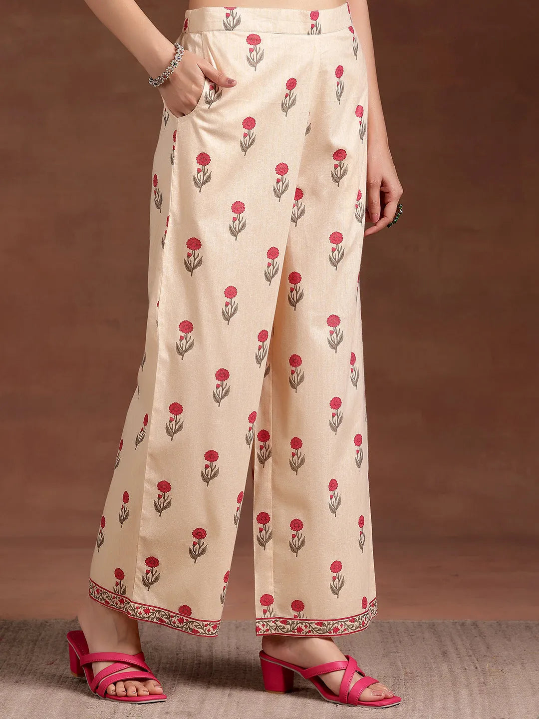 Anouk Beige Printed Cotton A-Line Kurta With Palazzos
