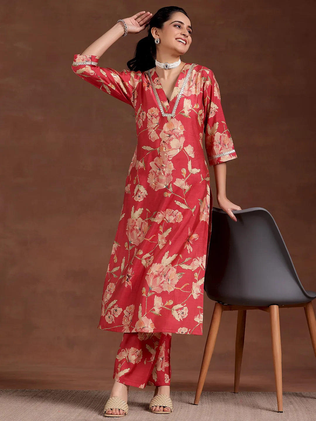 Anouk Red Printed Silk Blend Straight Kurta Set