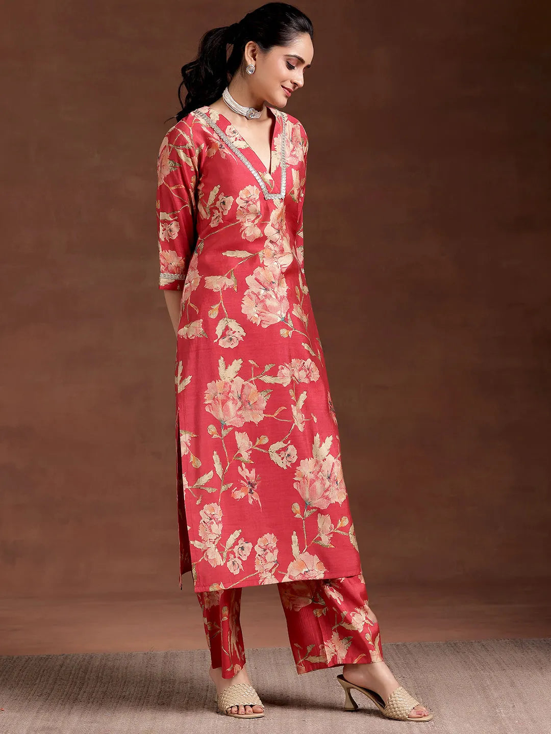 Anouk Red Printed Silk Blend Straight Kurta Set