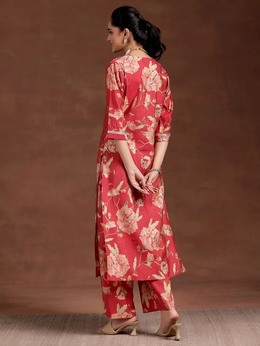 Anouk Red Printed Silk Blend Straight Kurta Set