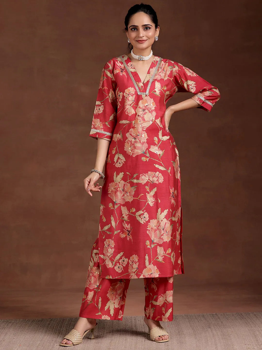Anouk Red Printed Silk Blend Straight Kurta Set